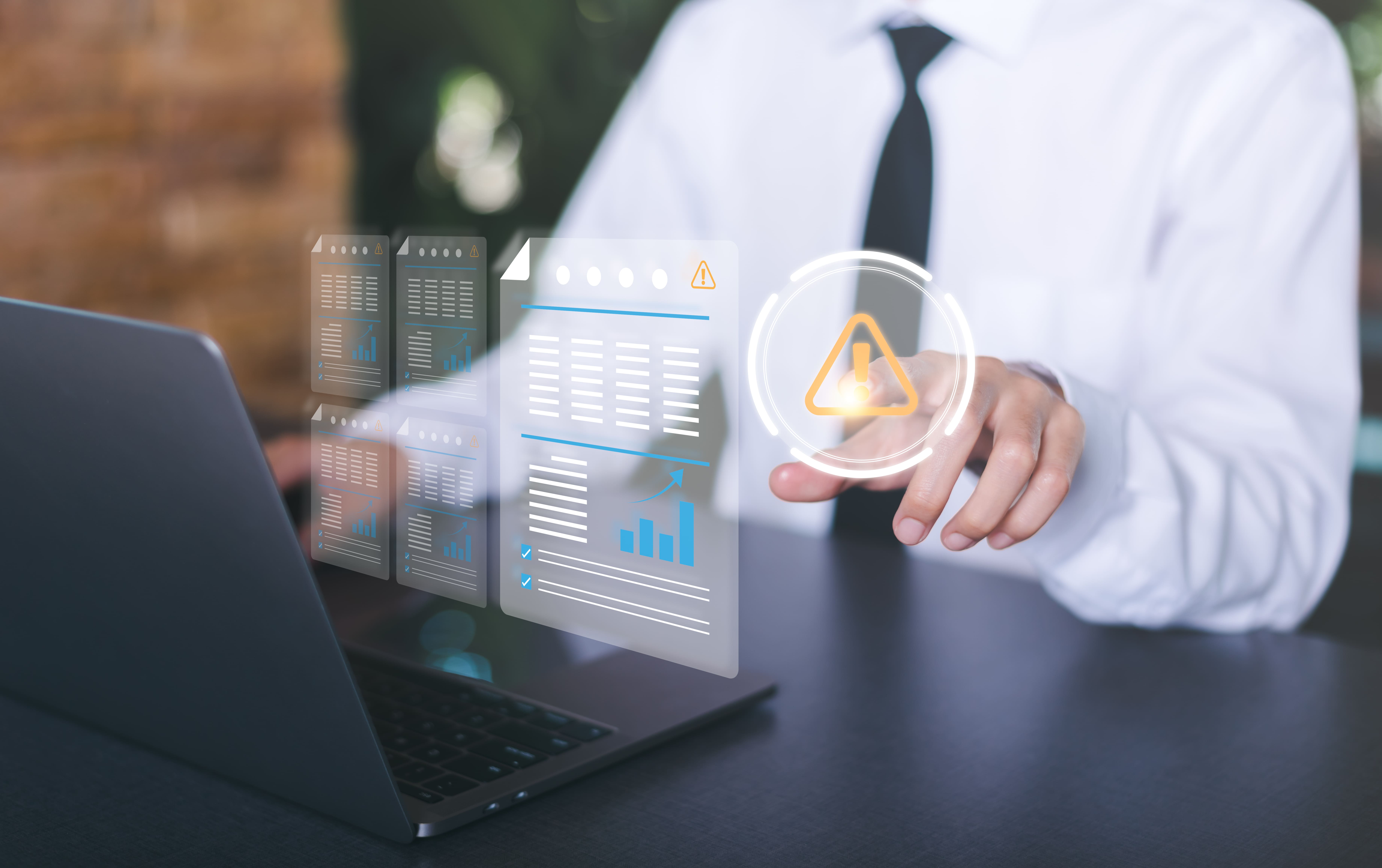 businessman checking steps through virtual online document with list