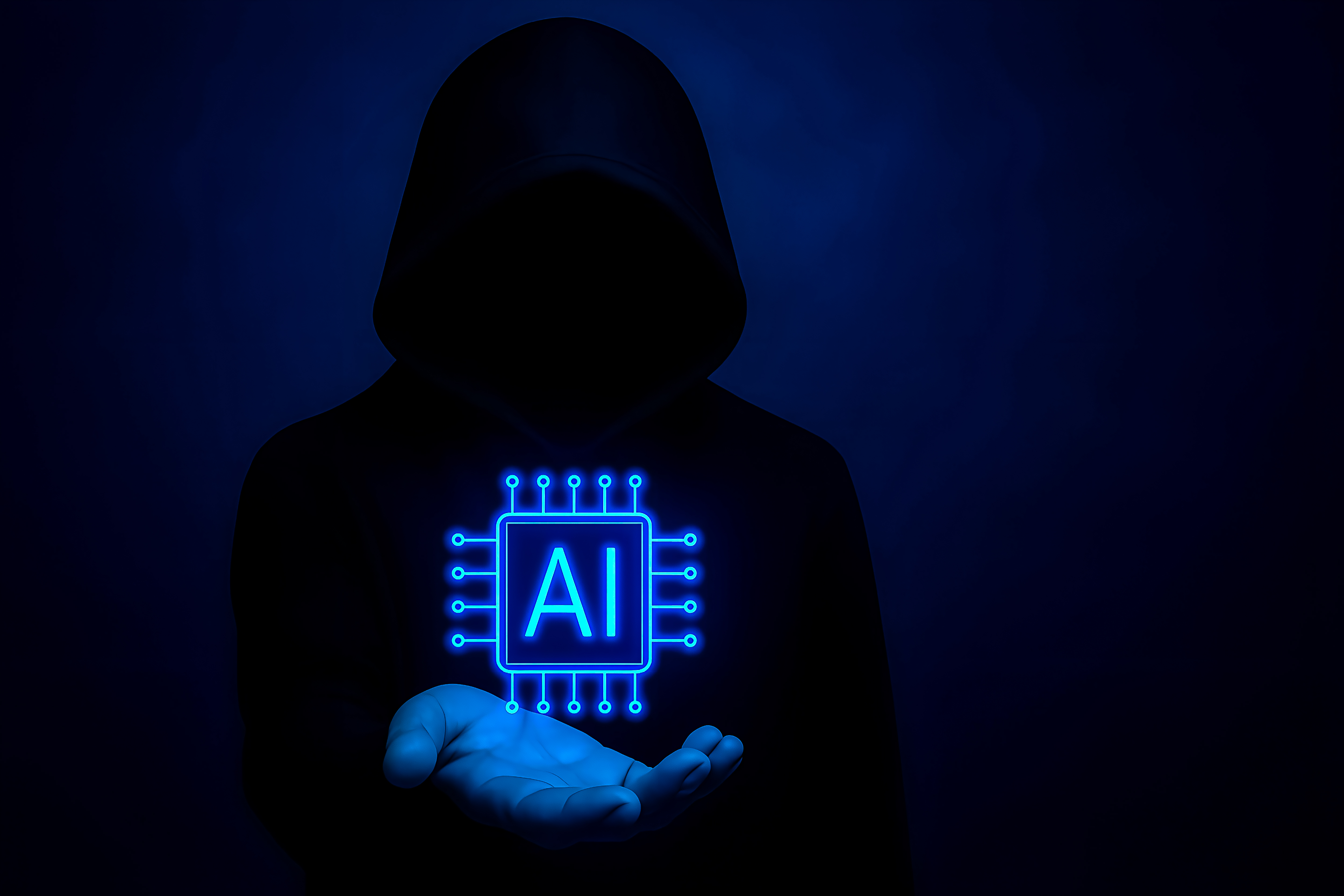 mysterious figure holds glowing ai chip hacker figure cloaked dark black hoodie holds glowing neon glowing ai microchip his openpalm